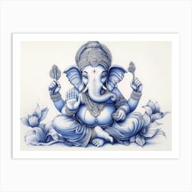 3d Pencil Sketch Drawing of Indian God Ganesh Blue Tone 1 Art Print