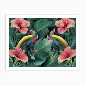 Tropical Background With Exotic Flowers, Birds, Banana Leaves, Palm, Protea, Hibiscus, Hummingbirds Art Print