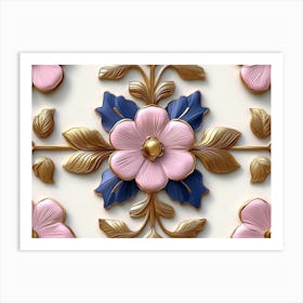 Seamless Relief Sculpture Ation Retro Pattern Curve Cross Pink Flower Leaf Gold Frame Line Art Print