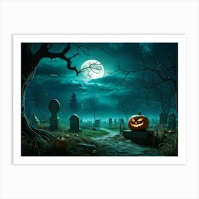 Art Landscape Pumpkin Holiday Design Halloween Fear Moon Skittish Green Grave Dark Scene (33) Art Print