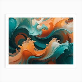 Abstract Artwork With Swirling, Flowing Waves Of Teal, Orange, And White, Creating A Dynamic And Textured Composition Art Print