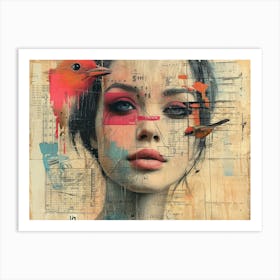 Analog Fusion: A Tapestry of Mixed Media Masterpieces Girl With Bird Art Print