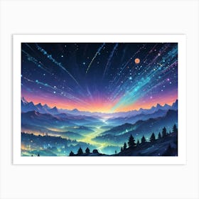 A Landscape Illustration Of Mountains And Forests In A Magical, Dreamlike World Art Print