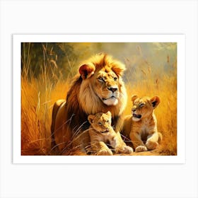 African Lion With Cubs Realism Painting 3 Art Print