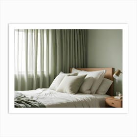 A Bedroom With A Green Wall, White Bedding, And A Bedside Table With A Lamp Art Print