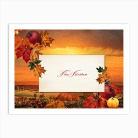 Autumn Themed Thank You Card Ornate Calligraphy Sweeping Across The Centre Leaves In Reds Golds (6) Art Print