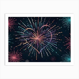 Abstract Image Of Colorful Fireworks Exploding In The Shape Of A Heart, Creating A Romantic And Festive Atmosphere Against A Dark Blue Sky Art Print