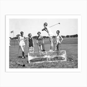 Lady Golfers on Ice Block, Black and White Vintage Photo Art Print