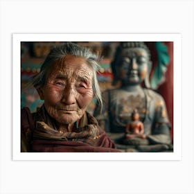 Shantiva zaga, a close up look in fornt of Buddha Art Print