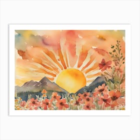 Sunset in the Mountains, Boho Landscape, Wildflowers Art Print