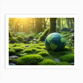 A Miniature Green Globe Resting On A Bed Of Moss In A Lush Forest With Sunlight Streaming Through The Trees, Symbolizing Environmental Awareness And Sustainability 2 Art Print