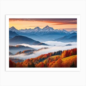 Autumn Landscape Panoramic View Of The Tatra Mountains Leaves In Vivid Shades Of Red Orange And (2) Art Print