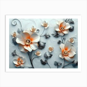 3d Artwork Illustration, White and Blue Background, Golden Jewelry, Flowers, Black Art Print