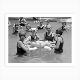 Women In Swimming Pool Playing Board Game, Vintage Black and White Old Photo Art Print