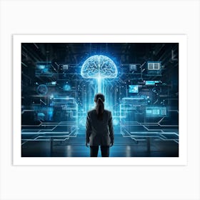 Abstract Cyber Concept Art Featuring A Human Brain At The Center Of Innovation Connected With Futur Art Print