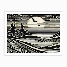 A Linocut Piece Featuring Fragmented And Ghostly Remnants Of Dreamy landscape, 115 Art Print