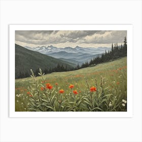 Vintage Oil Painting of indian Paintbrushes in a Meadow, Mountains in the Background 9 Art Print