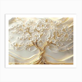 3d Golden Tree Life with White Flowers 1 Art Print