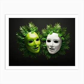 Tragedy And Comedy Masks Floating Ethereally Crafted From Meticulously Detailed Pine Leaves One M (1) Art Print