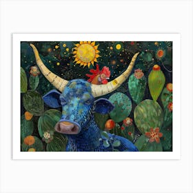 Blue Cow In Cactus Art Print