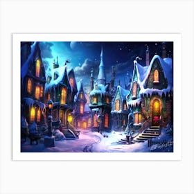 Moonlit Winter Town - Christmas Village Art Print