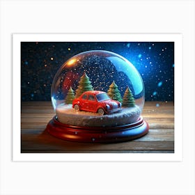 Red Vintage Car In A Snow Globe On A Wooden Table Art Print