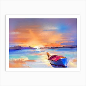 Watercolor Boat At Sunset Art Print