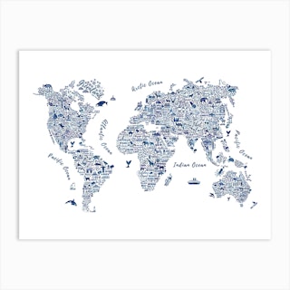 Watercolor Blue World Map Art Print