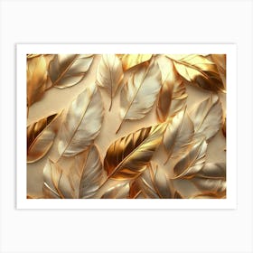 3d Luxury Golden Feathers With Leaves Texture Art Print