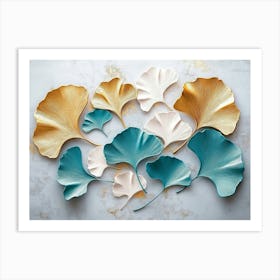 A 3d With Turquoise And Golden Ginkgo Leaves On A Light Gray Background 1 Art Print