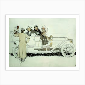 Advertisement Design Study For Pierce Arrow Automobiles Showing Man Talking To Three Women And A Man In Car, Edward Penfield Art Print