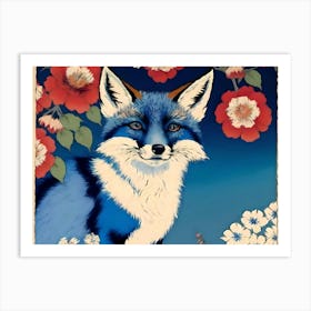 Fox Blue Eyes With Flowers Art Print