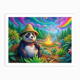 Panda Wearing A Hat Relaxing By A Campfire Art Print