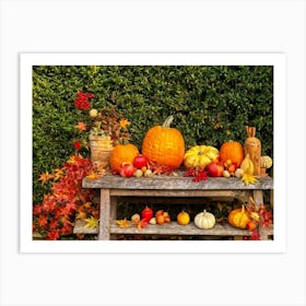 Autumnal Still Life Composition Featuring A Wooden Table Set In A Rustic Garden During The Golden Ho (2) Art Print