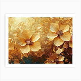 Golden Floral Background, Abstract Vintage Flower Golden Nature Art Print