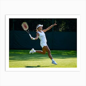 Tennis Player In Dynamic Forward Motion Mid Service Shadow Elongated On Outdoor Hard Court Late A (6) Art Print