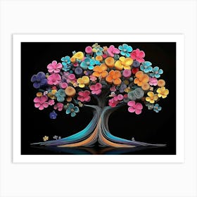 3d Tree Abstract Colorful Flower Art on Black Art Print