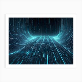 A Digital, Abstract Landscape Of Glowing Blue Lines, Resembling A Futuristic Circuit Board Or A Network Of Connections Art Print