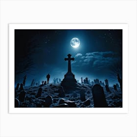 A Haunting View Of A Tomb Silhouetted Against The Night Sky A Gravestone With The Cross Engraved W Art Print