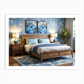 Blue And White Bedroom With Wooden Bed And Nightstands Art Print