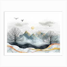 Black Trees With Colorful Marble Mountains In A Light Gray Background With White Clouds 1 Art Print