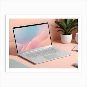 A Laptop With A Pink And Blue Background On The Screen, Sitting On A Pink Surface With A Plant, Glasses, And A White Mouse Art Print