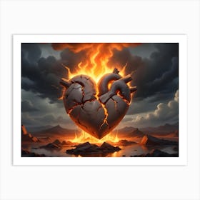 A Digital Painting Of A Heart Made Of Stone, Burning With Flames In A Dark, Rocky Landscape Art Print