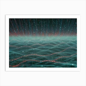 Abstract Landscape With Glowing Lines Of Red And Green Light And Dots Of Light In A Blue, Cloudy Night Sky Art Print