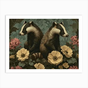 Floral Animal Illustration Badger 4 Art Print