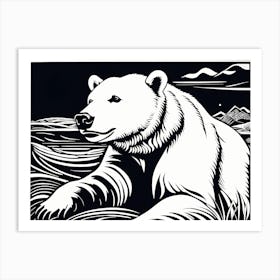 Playful Polar Bear Linocut Black And White art, animal art, 148 Art Print