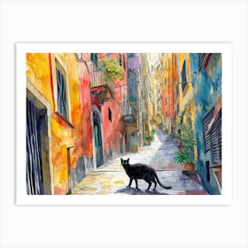 Black Cat In Genoa, Italy, Street Art Watercolour Painting 1 Art Print