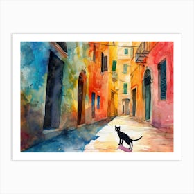 Black Cat In Bari, Italy, Street Art Watercolour Painting 1 Art Print