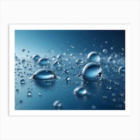 A Close Up Shot Of Water Droplets Of Various Sizes On A Blue Surface, With Some Droplets In Focus And Others Out Of Focus, Creating A Sense Of Depth And Texture 1 Art Print