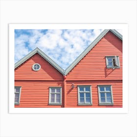 Two houses in Bryggen, Bergen, Norway - world heritage site - summer architecture and travel photography by Christa Stroo Photography Art Print